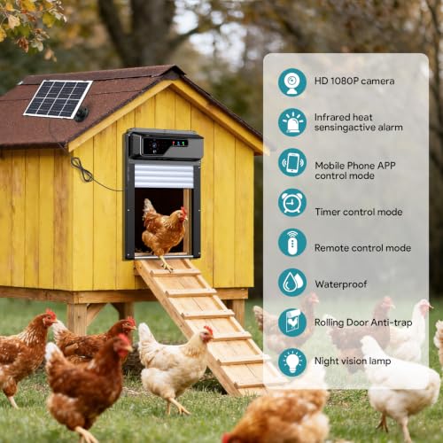 WiFi Automatic Chicken Coop Door with Camera, APP Remote Control, Smart Solar Powered Auto Chicken Door Opener with Timer, Night Vision, Anti-Pinch Safety, Smart Alerts, Space-Saving Roll-Up Design