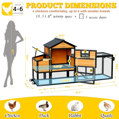 Portable Chicken Coop with Wheels Poultry Cage, Wooden Chicken Coop for 4-6 Chickens, Nesting Box, Pull-Out Tray, Ventilated Windows, Asphalt Weatherproof Roof, 81.5" Lx25.6 Wx44.1 H, Yellow - color: Yellow