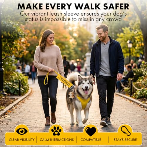 Dog Reactive Leash Wrap, Training in Progress Yellow Warning Sleeve with Heart Snap Hook, Highly Visible Lead Cover for Nervous & Anxious Pets, Durable Double-Sided Canvas - color: Dog Reactive