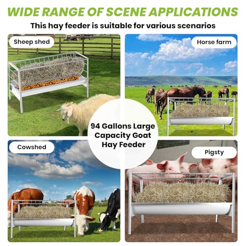 94 Gallon Goat Hay Feeder, 2-in-1 Hay & Grain Livestock Shelter Goat Feeders with Detachable Grain Tray Heavy Duty Galvanized Steel Goats Feeder, Hay Feeder for Goats Sheep Lamb Horses