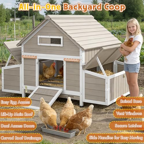 Ketive Large Chicken Coop for 2–4 Chickens Outdoor Poultry Cage Wooden Hen House with 6 Nesting Boxes, Reinforced Boxes, Dual Ramp Doors, Curved Wood Roof, Tray, Expandable (61.1"L x 38"W x 40.2"H) - size: 61.1"L x 38.0"W x 40.2"H