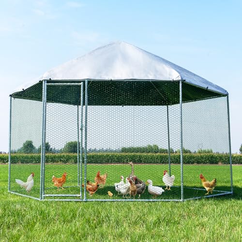 Large Metal Chicken Coop, Chicken Runs for Yard with Cover Walk-in Poultry Cage for 10 20 Chickens,Chicken Pen Duck Coop with Water-Resident Top and Feeding Door, Hexagon Hen House 13.2Lx11.4Wx8.6H FT - size: 13.2'L x 11.4'W x 8.6'H
