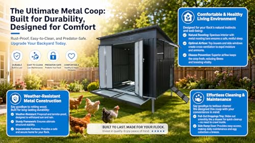KEIKI Outdoor Galvanized Metal Chicken Coop Raised Base Pull Out Tray Grey | Outdoor galvanized chicken coop with raised base and pull out trays. Weatherproof poultry cage for backyard hen duck housing.