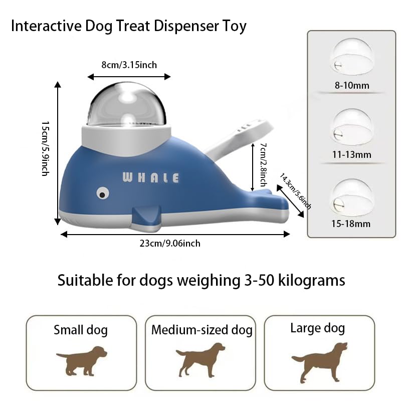 Interactive Dog Treat Dispenser Toy, Whale Shape Puzzle Feeder with Press Button and Rotating Design, White and Blue, Slow Feeding Game for Dogs and Cats