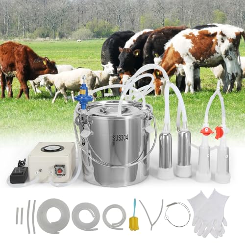 Happybuy Goat Milking Machine, Food-Grade Silicone Cups and Tubes, Portable, 12L 304 Stainless Steel Bucket, Adjustable Suction for Cows and Sheep, Electric Pulsation Automatic Vacuum Milker