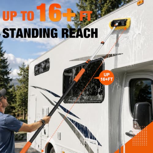 LAANPOLE 16FT Car Wash Brush with Long Handle, Car Cleaning Brush with 12 Inch Soft Bristle, Solar Panels Cleaner with Telescoping Pole for RV, Truck, Boat