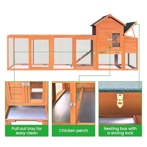 RUNVA 120" Large Chicken Coop with Nest Box and Removable Tray, Hen House for 2-6 Chickens, Outdoor Weatherproof Small Animal Cages