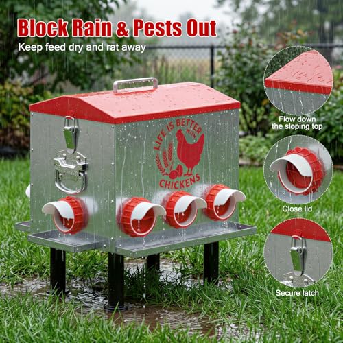 Pawaboo 55LBS Large Capacity Automatic Chicken Feeder - 2026 Upgraded No Waste Poultry Feeder, 7 Feeding Ports, Viewable Feed Level Window, Height-Adjustable Legs + Wobble-Free Stability - color: Red + Silver