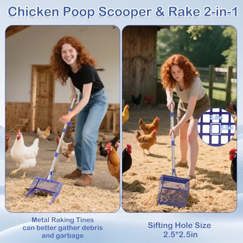 Metal Pooper Scooper for Large Dogs & Chicken Coop - Heavy Duty Long Handle Dog Poop Scoop with Sifting Shovel, Adjustable Rake for Yard, Gravel & Kennel Cleaning, Rust-Proof Stainless Steel