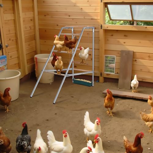 Chicken Perch with Swing, Chicken Roosting Bars, Built-in Feed Trough, Trapezoidal Ladder Frame, Poultry Habitat Supplies, Easy Assembly, Outdoor Poultry Playground for Coop, Backyard, Farm, Silver