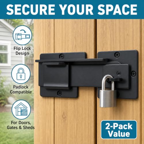 2 Pack Heavy Duty Flip Latch Gate Lock with Padlock Hole, 7.5" Adjustable Aluminum Barn Door Latches Hardware for Wooden Fence, Outdoor Shed & Pool