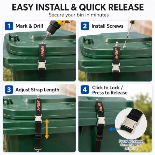 2PCS Heavy-Duty Bear Proof Trash Can Locks - Animal-Proof Lid Straps with Secure Buckle for 28-96 Gallon Outdoor Bins, Anti-Raccoon & Wildlife - size: 2PCS