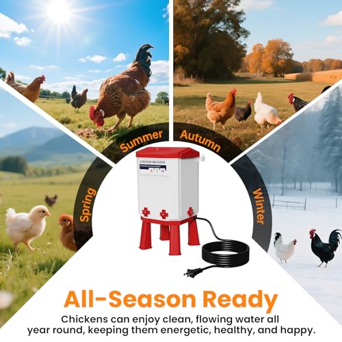 Heated Chicken Waterer 1.9 Gal, Winter, Freeze Proof Chicken Waterer, 4 Nipples for Clean Water,Detachable Legs, Adjustable Height for Chickens, Pigeons, Beaked Poultry