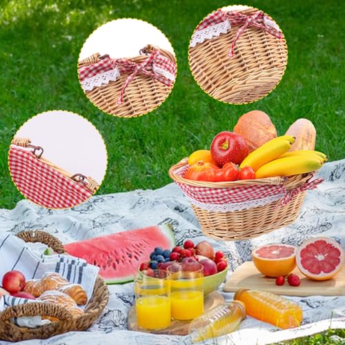 2 Pack 12.6 Inch Natural Wicker Basket with Checkered Lining, Oval Wicker Woven Basket with Handle, Willow Woven Picnic Baskets for Picnic, Camping, Party(Small) - size: 2 Pack 12.6in Natural(Round willow)