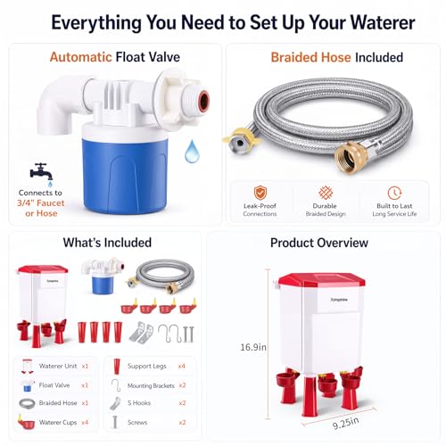Automatic Chicken Waterer, 2 Gallon Float Poultry Drinker for Continuous Fresh Water, Standalone or Hanging Coop Drinker with 60" Hose & Cleaning Kit for Chickens, Ducks, Quail & Turkeys