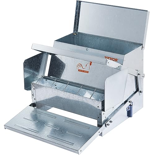 VEVOR Poultry Feeder, 25lbs Capacity, Feed Chicken Feeder with Lid & Lock, Outdoor Coop Food Dispenser, No Waste, Weatherproof Galvanized Metal Feeder for Ducks, Geese