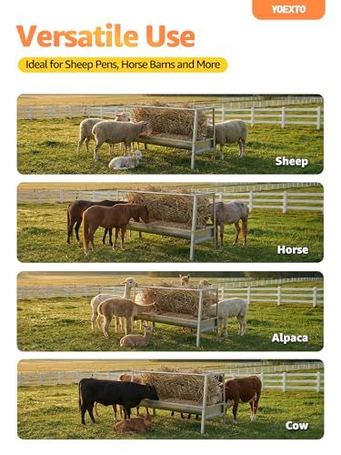 Goat Hay Feeder, 90 Gallon Livestock Feeding Trough with Waste-Reducing Tray, Heavy Duty Galvanized Steel Goat Feeder for Outside, Farm, Barn, Ranch and Sheep Pen
