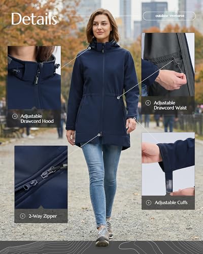 Outdoor Ventures Women's Softshell Jacket with Removable Hood Fleece Lined Windbreaker Insulated Long Warm Rain Jacket - color: Blue, size: X-Small
