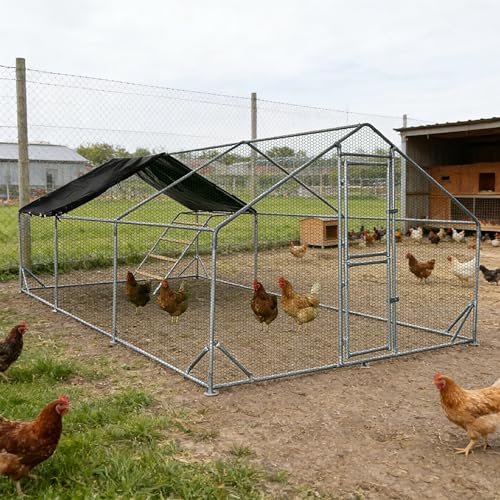 XCL Large Metal Chicken Coop, 13×10×6.5FT Walk-in Chicken Run, Spire Roof Poultry Cage with Waterproof Anti-UV Cover, Roosting Perch Outdoor Backyard Farm Enclosure for Duck Chicken (3-Unit Coop) - size: 3-Unit Coop