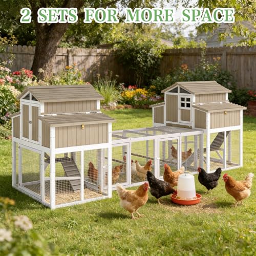 Gowoodhut 115.36"L 2-Story Chicken Coop with Extra Large Run Cage,Chicken House Hen House with 2 Large Nesting Boxes,Expandable Poultry Cage for 4-6 Hens with 6 Perching Bars,Pull-out Tray,Ramps(Grey) - size: PET85+Extra Run Cage-Grey