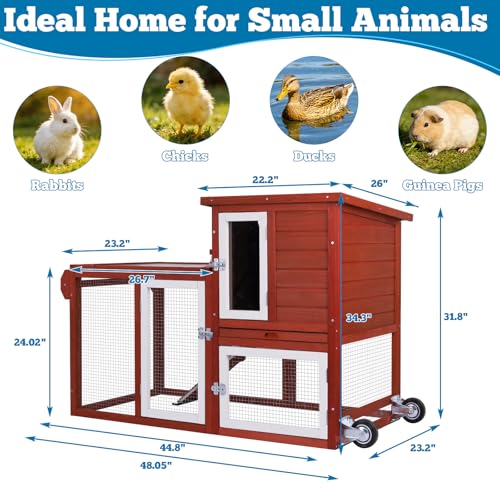 Rabbit Hutch Indoor Outdoor Bunny Cage, Weather Resistant Openable Roof, Slide Out Tray, Handle & Rolling Wheels, Chicken Coop, 48.05" L x 26.02" W x 34.3" H, Red - color: Red