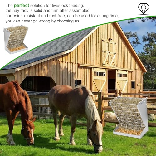 Wall Mount Hay Rack, Goat and Sheep Feeder, Hanging Feeder, Heavy Duty Galvanized Metal 2-in-1 Hay and Grain Feeders, Distance Adjustable Livestock Feeders, Hay Feeders for Goats, Sheep, Horses