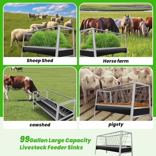 99 Gallon Pasture Hay Feeder, 2 in 1 Stainless Steel Goat Hay Feeder with Deeper Feeding Pan for Goat Sheep Horse, Detachable Livestock Feeder Ease of Assembly in Farm Outdoor (Black Rubber) - color: black rubber