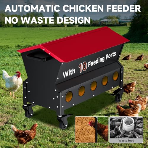 Heavy Duty Chicken Feeder 120 lbs Large Capacity, Metal Automatic Poultry Feeding Box with Waterproof Lid, Raised Standing Feeder with Wheels for Hens & Roosters, Portable & Easy to Move - color: Red
