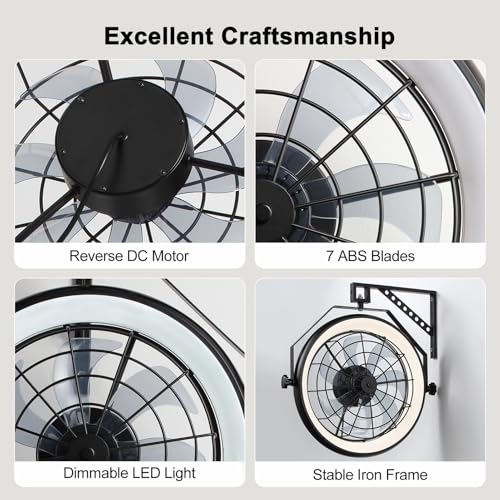 23" Wall Mount Fan with Light,3 CCT, Dimmable,Quiet 6 Speed Wall Mounted Fan with Remote/App Control, Timer, 360° Adjustable Tilt Plug in Wall Fan for Garage,Patio,Tool Room,Home - size: 23"