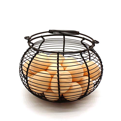 CVHOMEDECO. Rustic Wire Egg Basket with swimming Handle Primitives Vintage Gathering Basket. Rusty - size: 7-3/4" Dia. x 5" H - Rusty