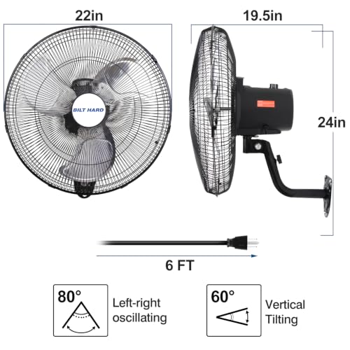 BILT HARD 20" 5200 CFM Wall Mounted Fan with Remote Control, 9-Speed Oscillating Wall Fan with DC Motor, High Velocity Whisper-Quiet Industrial Shop Fan for Garage, Warehouse - size: 20 inch DC Motor