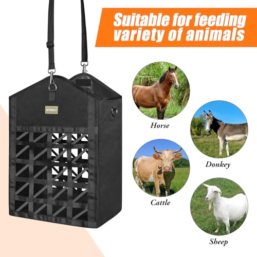 Ultra-Slow Feed Hay Bags for Horses,Two-Sided Premium Oxford Hay Bags with Large Opening,Top with Hook-and-Loop Closure,Adjustable Dual-Purpose Strap for Easy Hanging (Black, Large 1 Pack) - size: Large 1 Pack