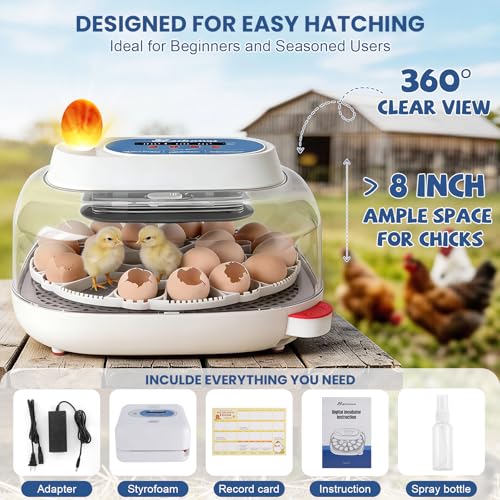 Sailnovo 24 Egg Incubators for Hatching Eggs - Automatic Temperature Control and Egg Turning, Egg Candler, 360° Clear View Incubator with 4 Hatching Modes for Chicken, Duck, Quail Eggs (Blue)