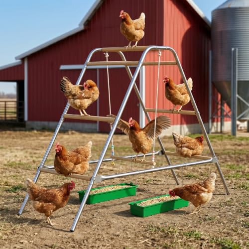 Wooden Chicken Perch with Swing – Large Multi-Level Roosting Bars for 8-12 Chickens, Durable Wood & Rustproof Hardware Outdoor Coop Stand, Easy Assembly Backyard Chicken Accessories