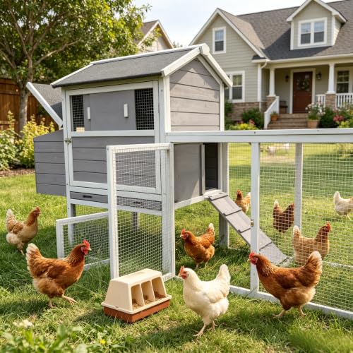 Wooden Chicken Coop with Run 112.6" Large Poultry Cage with Hardware Cloth | Chicken House for 2-6 Chickens with 2 Nesting Boxes, Pull-out Tray, Sun Roof Weather Resistant Roof