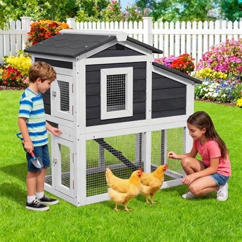 Chicken Run Coop, Wooden Duck Coop Outdoor 2-Tier Hen House All Weather Used Poultry Quail Cage Rabbit Hutch Pet Hideout with Ramp for Small Medium Animals(Grey) - color: Grey