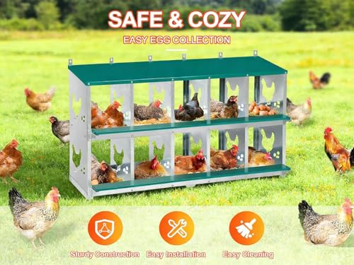 Garvee Large Metal Chicken Nesting Boxes for Hens, 10 Compartment Galvanized Steel Nesting Box, Includes 4 Fake Eggs & 10 Soft Nest Pads, Wall Mount or Freestanding for Coop & Farm - style: 10 Holes