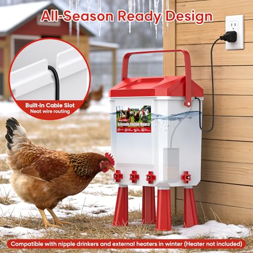 3 Gallons Automatic Chicken Waterer with 8 Chicken Water Cups, 8 Nipples, 6 Plugs, Float-Controlled Chicken Water Feeder with 60 Inch 3/4'' Water Hose, Poultry Waterer Perfect for Chicks, Duck, Goose