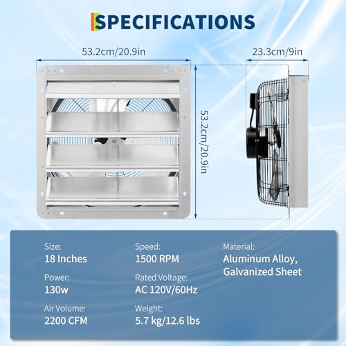 OUTLANE High-Efficiency Industrial Shutter Exhaust Fan - Automatic Wall-Mounted Ventilation - Quiet High-Speed Motor - Powerful Airflow for Attic, Garage, Greenhouse, Workshop, Commercial Spaces - size: 18IN