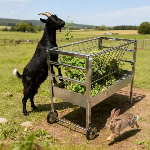 Goat Feeder with Wheels, 2-in-1 Galvanized Steel Livestock Feeder with 50 Gallon Grain Pan, Heavy Duty Hay Feeder for Goats, Pasture Horses & Pig Feeder, Silver (Silver) - color: Silver