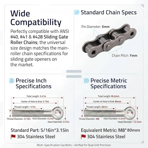Automatic Gate Opener Tie Rod Chain Connection Hardware,Sliding Gate Roller Chain Bolt Tensioner Compatible with ANSI #40#41#428, 2Pcs (Round & Standard) - size: M8*80mm(Round & Standard)