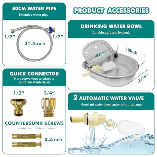 Automatic Water Dispenser for Dogs, 304 Steel Float Valve Pet Water Bowl. | 2.5L Capacity, Wall Mounted, for Large Dogs, Chickens, Horses, Easy Clean Drain, Anti-Spill Valve, Outdoor Farm & Yard