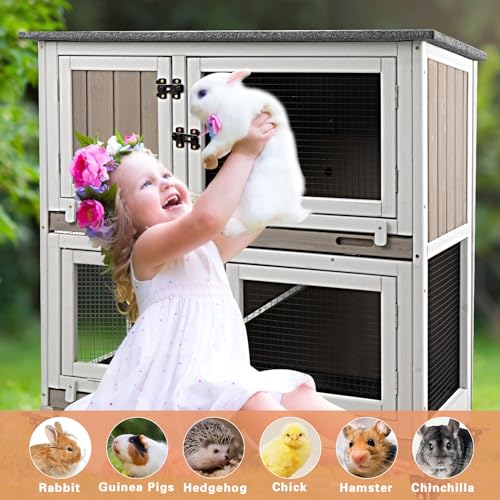 Gowoodhut 36" L Rabbit Hutch Indoor Wooden 2 Story Bunny Hutch Rabbit Cage Outdoor Bunny Cage on 4 Metal Wheels and 2 Deeper Pull Out Trays, Ramp, Guinea Pig Pet House for Small Animals, Grey - size: 36.0"L x 17.7"W x 36.2"H