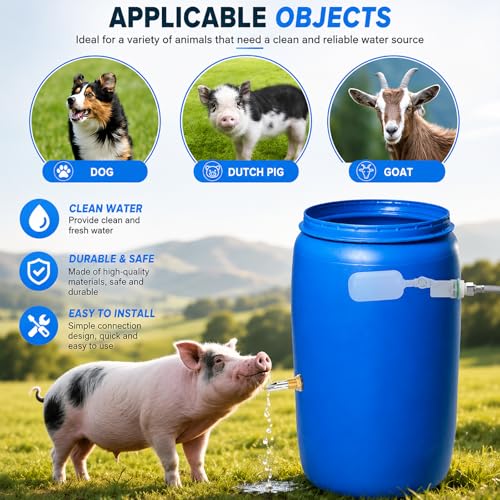 Automatic Pig Waterer Nipple System, Stainless Steel Pig Waterer with Brass Water Tank Connector Kit, Hog Water Drinker Feeder with Float Valve and Garden Hose for Pig Goats Piglets
