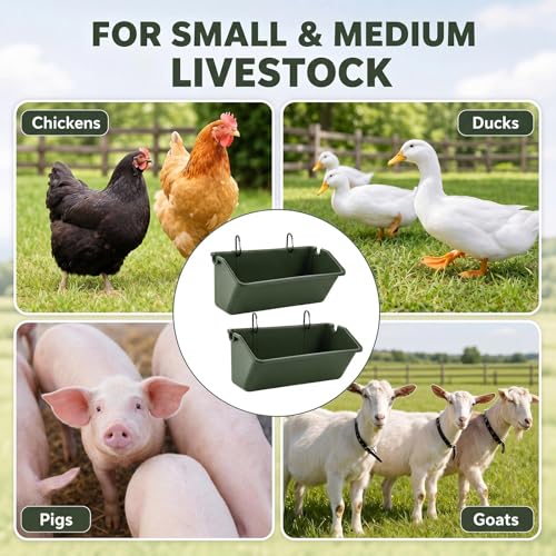 Wenqik 10 Pack Chicken Feeder Waterer Hanging Goat Feeders, 5 Quart Fence Mount Poultry Feed Troughs with Metal Clips and Screws, Livestock Feed Buckets for Sheep Duck Coop, Farm, Geese (Green) - color: Green