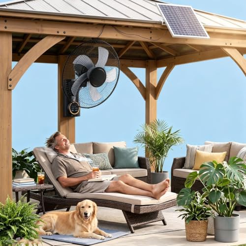 16" Solar exhaust chicken coop fan,wall mounted fan with remote,for outdoor gazebo patios Barn Garage,AC/Solar Dual Power, 90° Oscillating Cooling System