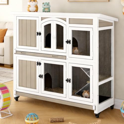 Gowoodhut 47" L Large Guinea Pig Cage Indoor with Wheels, 2-Story Wooden Hutch with 2 Deep Pull-Out Trays, Anti-Chew Ramps & Hideout for Hamsters, Ferrets & Rabbits, Grey, Easy-Clean Small Pet Home