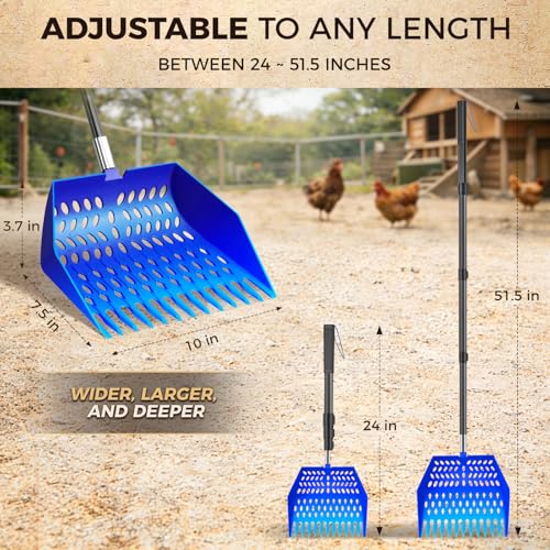 Chicken Poop Scooper & Rake 3 in 1 - Aluminum Alloy Chicken Coop Scoop & Snap-Lock Telescoping Adjustable Handle (16 to 44”), Sand Sifter Shovel for Small Farm Animals US Patent Pending (Aqua Blue) - color: Aqua Blue