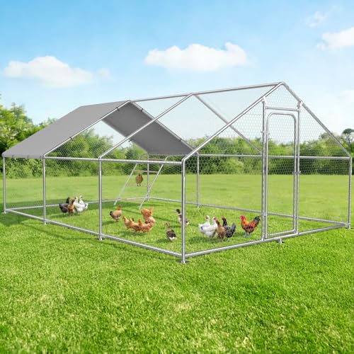 Large Metal Chicken Coop Run with Roosting Perch, Outdoor Waterproof & UV-Resistant Cover for Chickens, Ducks, Rabbits, and Hens in Yard or Farm Use Spire Roof (13.1'Wx19.7'Lx 6.5'H) - size: 20x13Ft - Spire