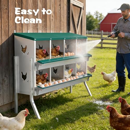 10-Compartment Chicken Nesting Box, Heavy Duty Galvanized Steel Poultry Nest Box, Wall Mount/Freestanding Design for Hens, Ducks, Backyard Homesteads & Farm Use, Green, 10 Mats &4 Eggs, with Stand - color: Green, size: 10 Room&Mat eggs